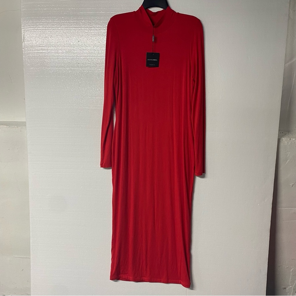 JLUXLABEL MOCK NECK DRESS MIDI 2XL SLINKY STRETCH BODYCON RED LONG SLEEVE PARTY